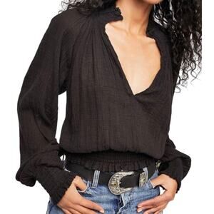 Free People One Smocked Peasant Boho Top Black Semi Sheer V Neck Small